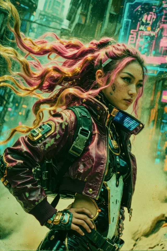 Moxie Vega - mécanicienne cyberpunk adulte, copropriétaires d’un atelier Personnage IA